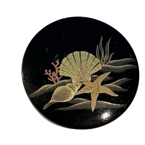 Vintage set of 4 OTAGIRI Japan lacquerware coasters and case Gold Sea Shells - Picture 2 of 5